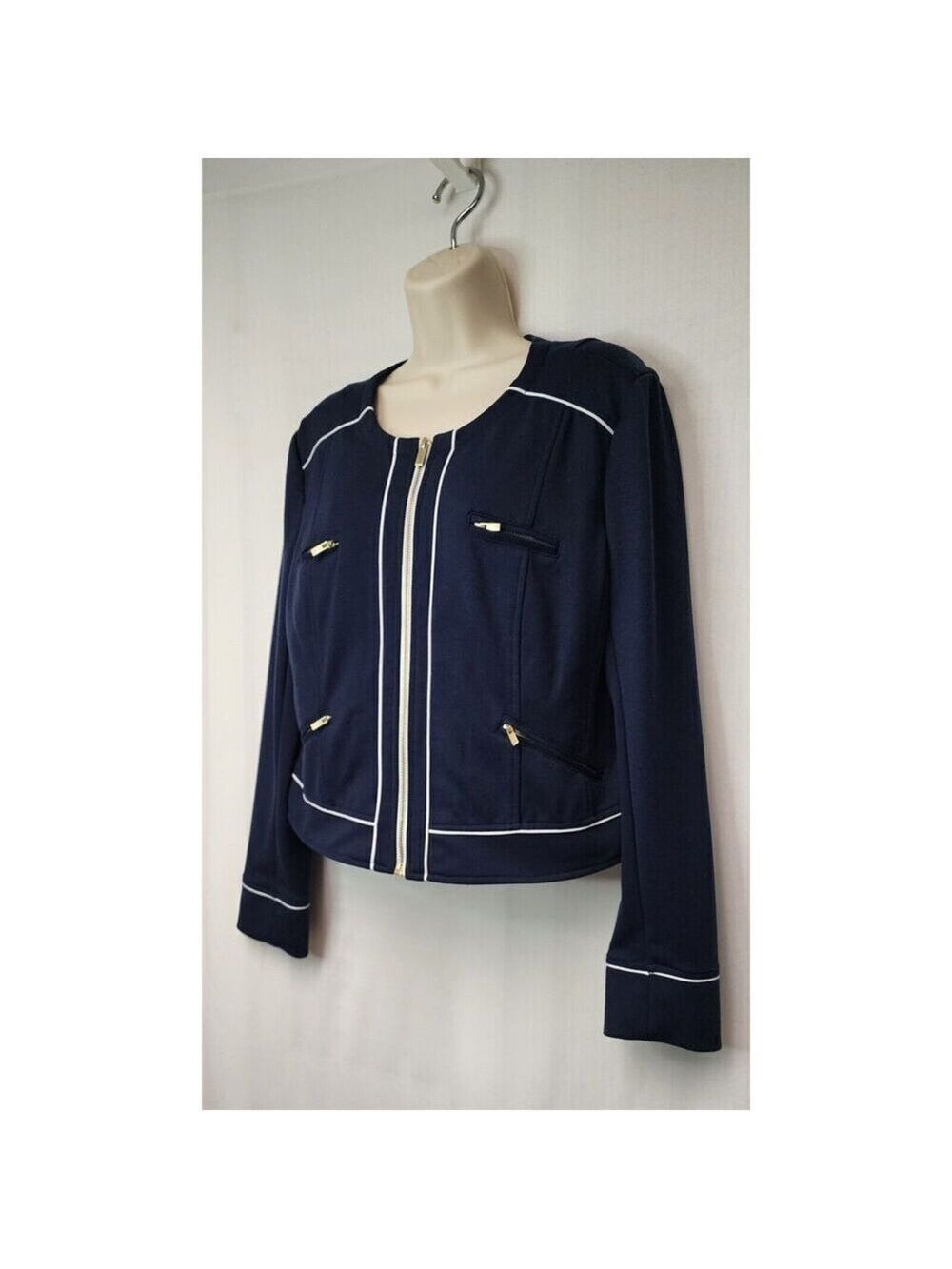 Katherine New York Round Neck Navy Blue White Striped Full Zip Jacket Blazer 12 - Picture 4 of 7